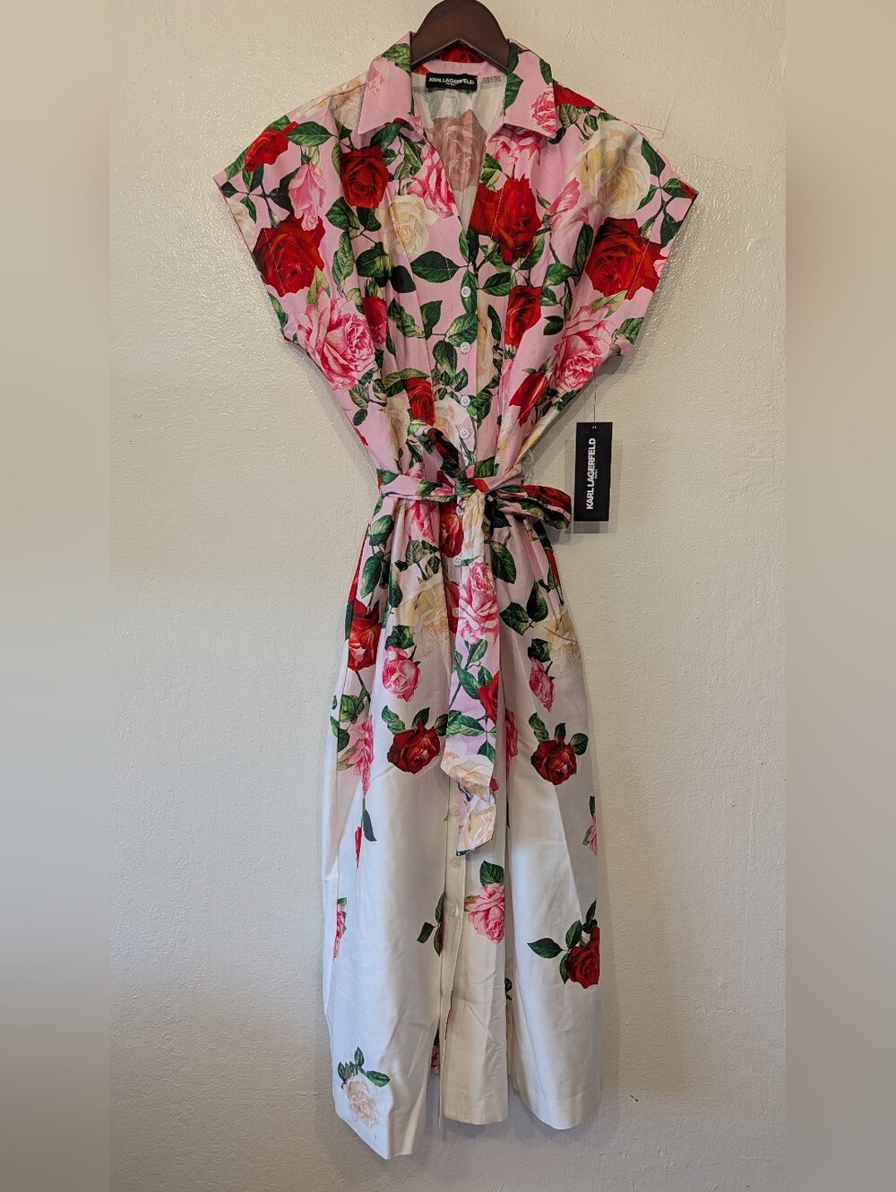 Karl Lagerfeld Pink Floral Maxi Dress with Red Roses